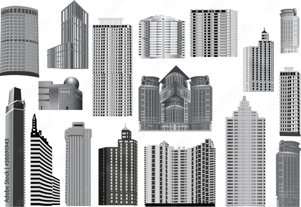large set of grey modern buildings