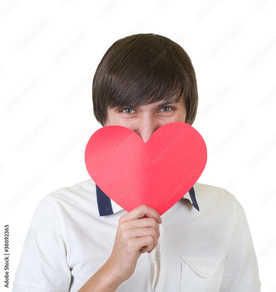 Young man holding red heart Young man holding red heart