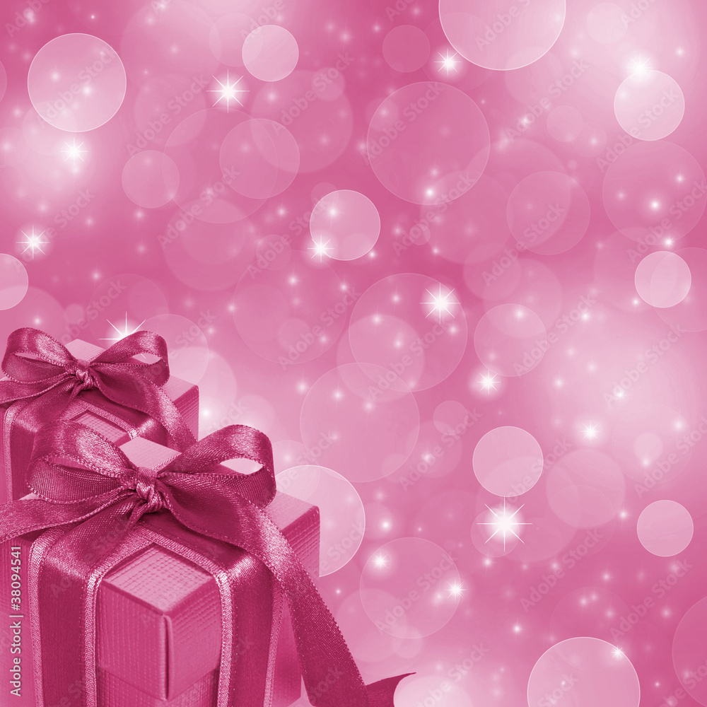 Fototapeta premium Pink gift boxes on abstract pink glitter background