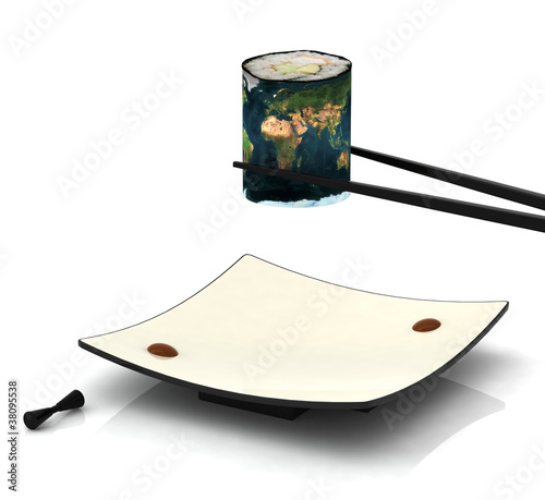 Fotografie plate of sushi with earth map