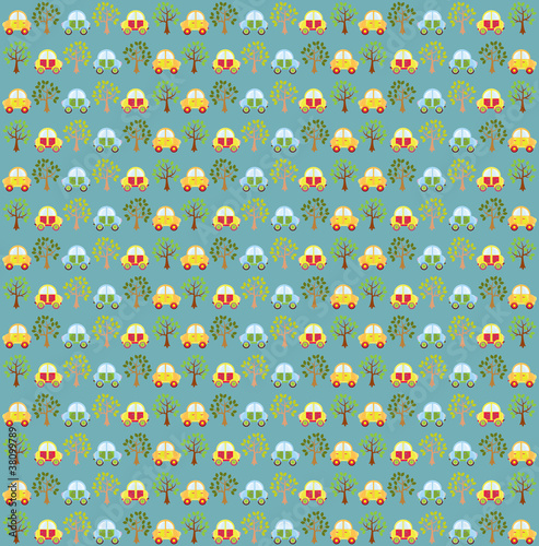 Seamless wallpaper with funny car and tree