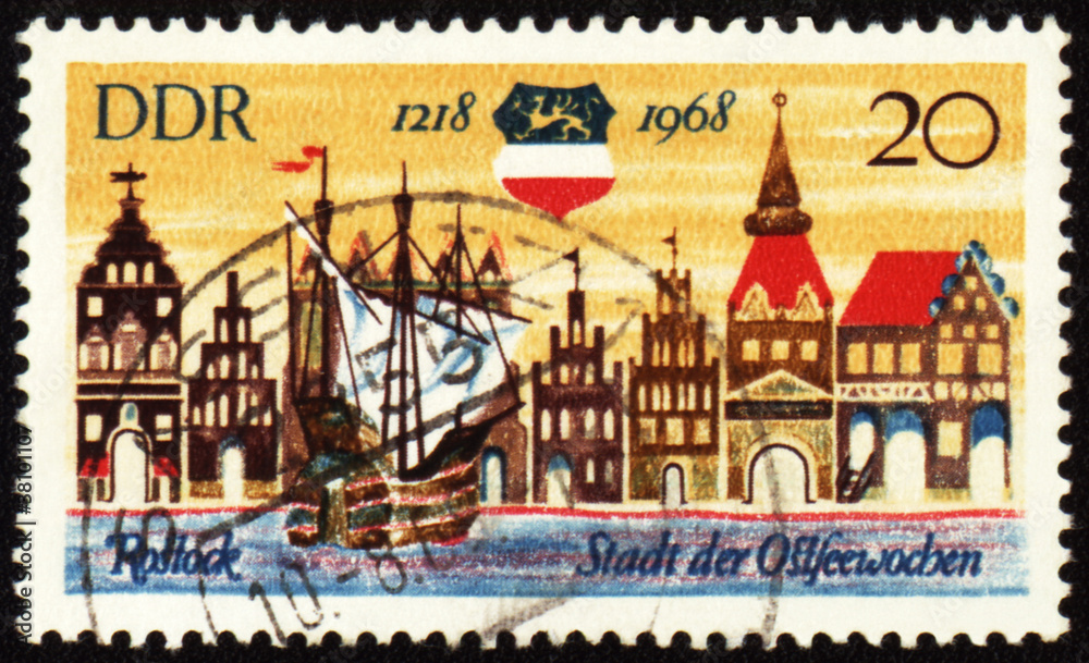 Old German town Rostock on post stamp