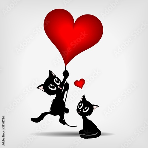 two black kittens and red heart-balloons