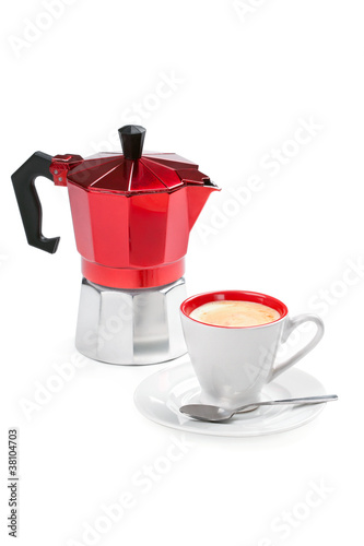 Coffee cup and moka (italian coffee maker), isolated on white
