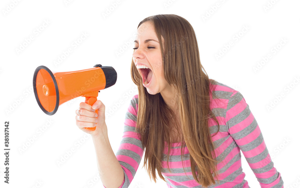 beautiful brunette woman shouting through megaphone beautiful brunette woman shouting through megaphone