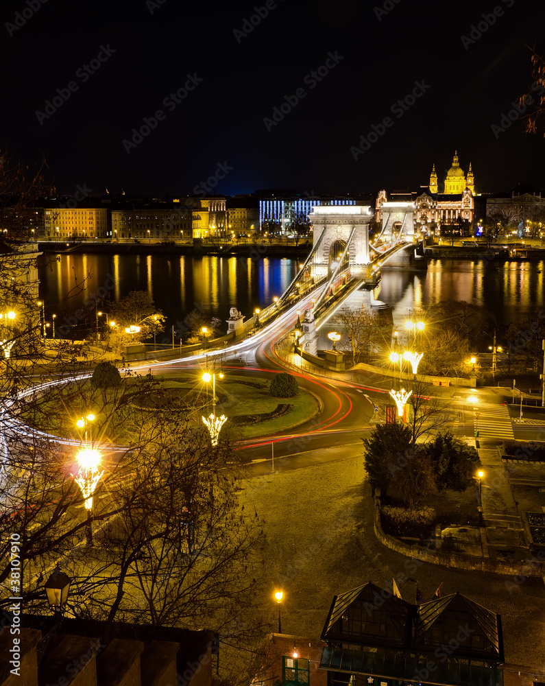 Chain bridge and St. Stephen night view, Budapest, Hungary