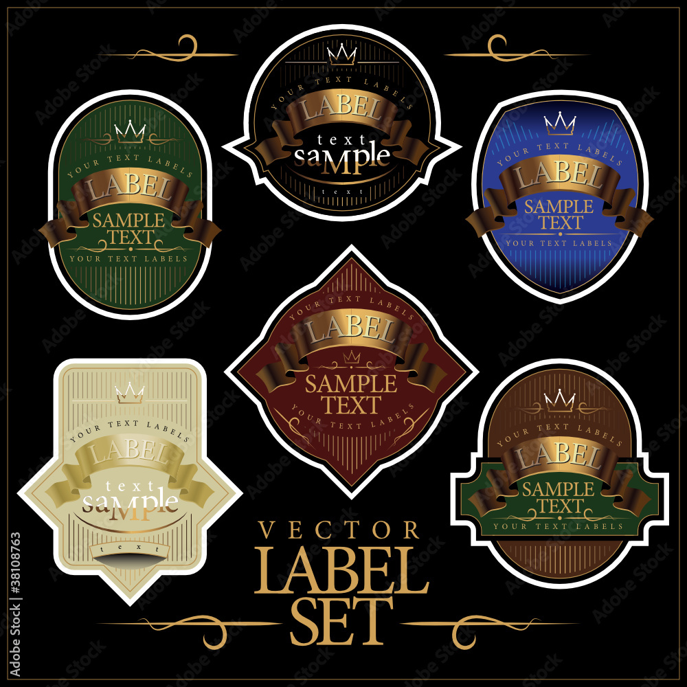 Detailed ornate various color label set