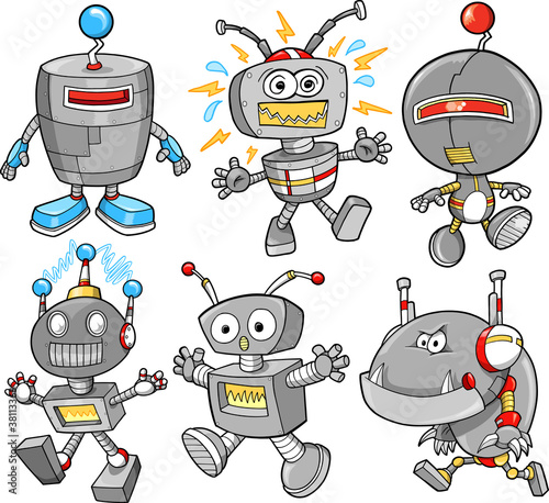 Cute Robot Cyborg Vector Illustration Design Set