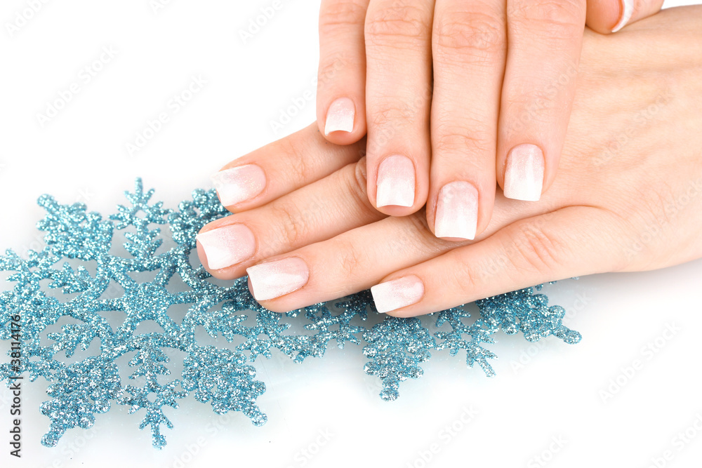 Fototapeta premium hands with beautiful winter design and snowflakes isolated