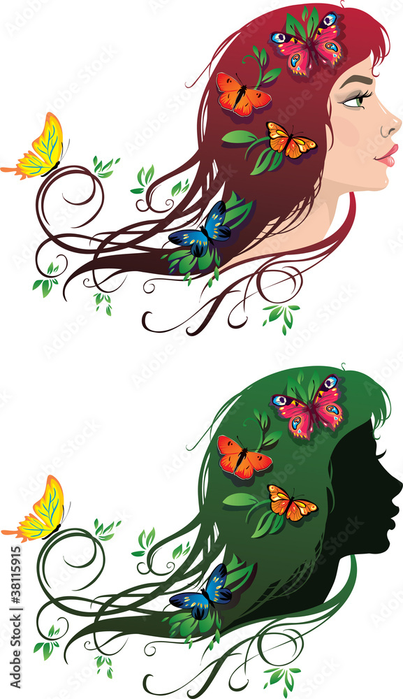 девушка с цветами и бабочками в волосах