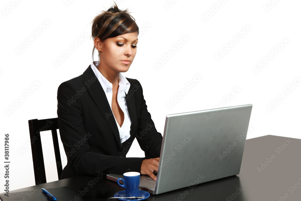 she works with her laptop, portrait of businesswoman she works with her laptop, portrait of businesswoman