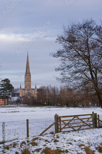 Salisbury cathedral on a winter morning