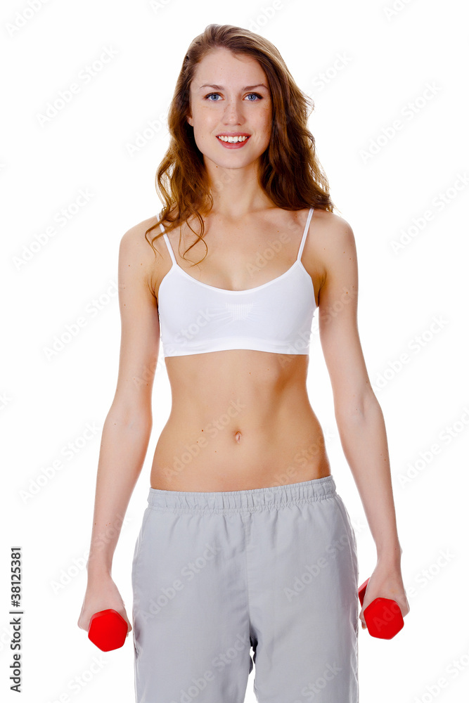 Smiling girl with red barbells Smiling girl with red barbells