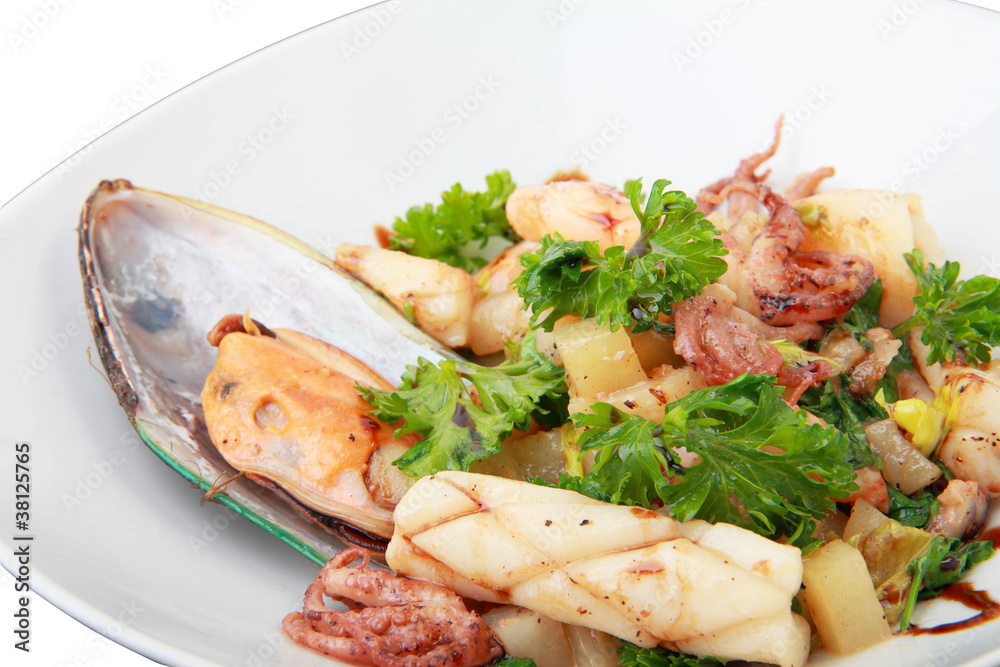 warm seafood salad with potatoes