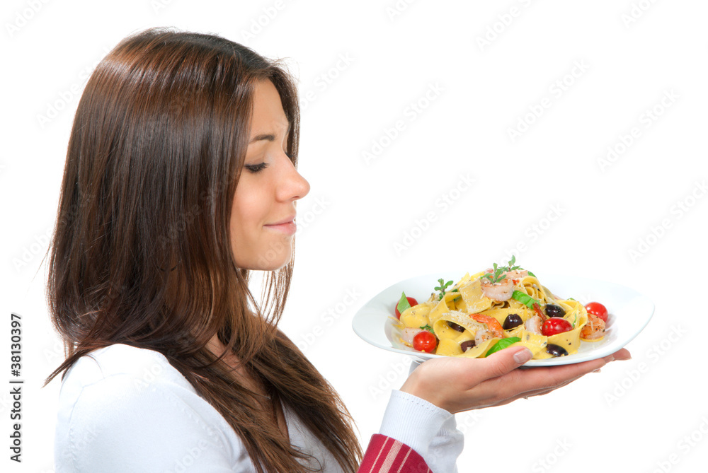 Waitress, chef holding plate with italian pasta Waitress, chef holding plate with italian pasta