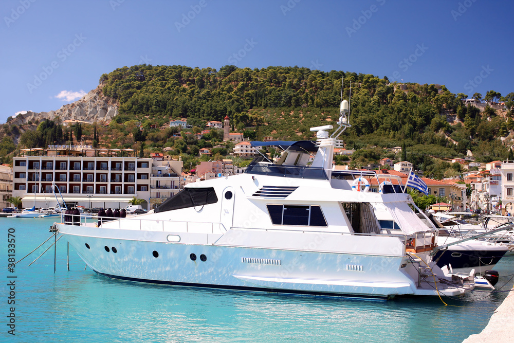 Luxury boat on azure sea, Zakynthos Island, Greece