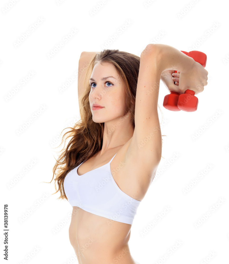 Pretty girl with red barbells Pretty girl with red barbells