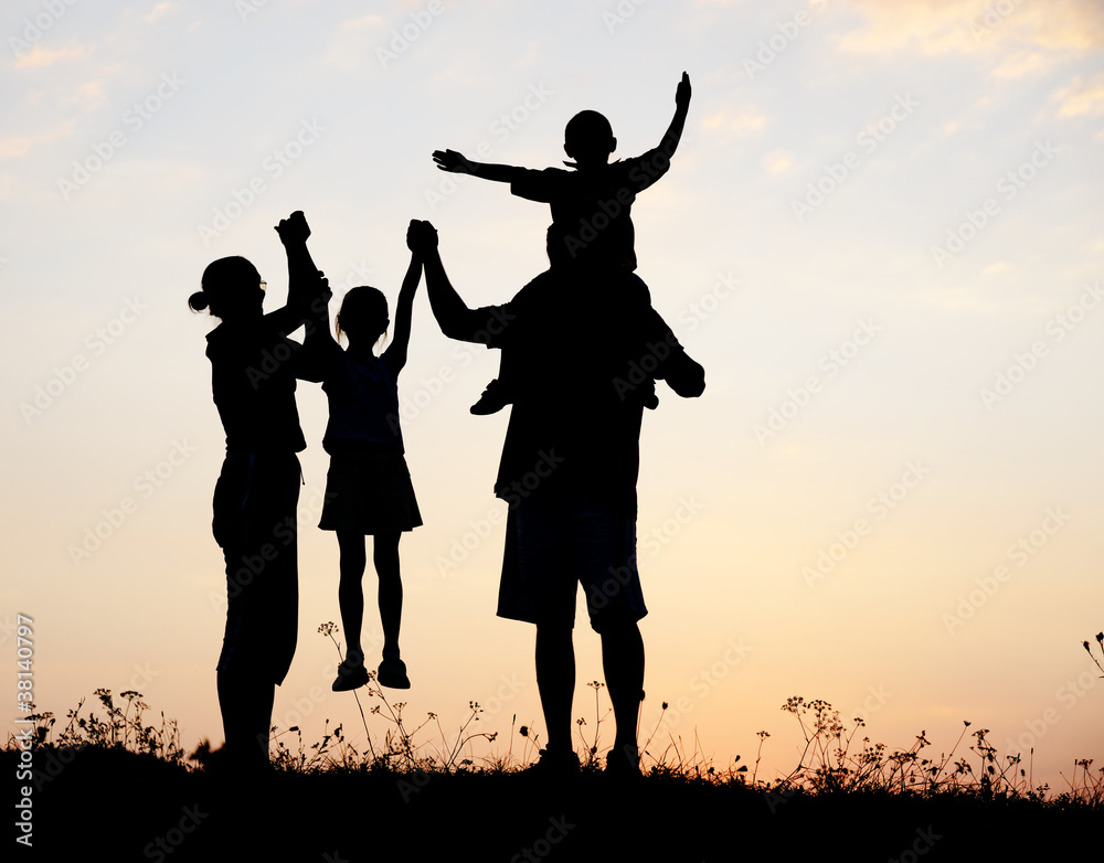 Silhouette, happy children with mother and father Silhouette, happy children with mother and father