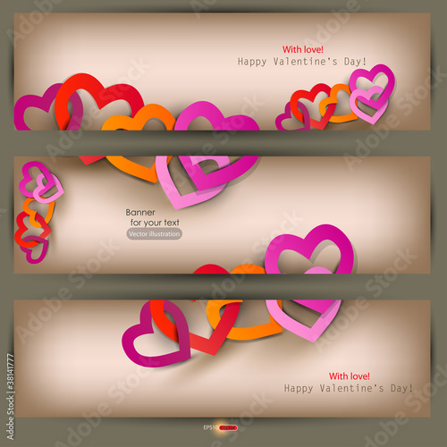 Set of three banners with paper hearts. Valentine's Day. Vector