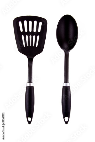 cuillère et spatule en plastique noir
