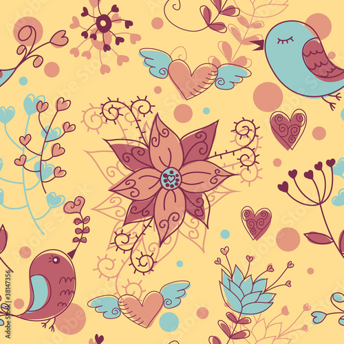Love seamless texture with flowers and birds