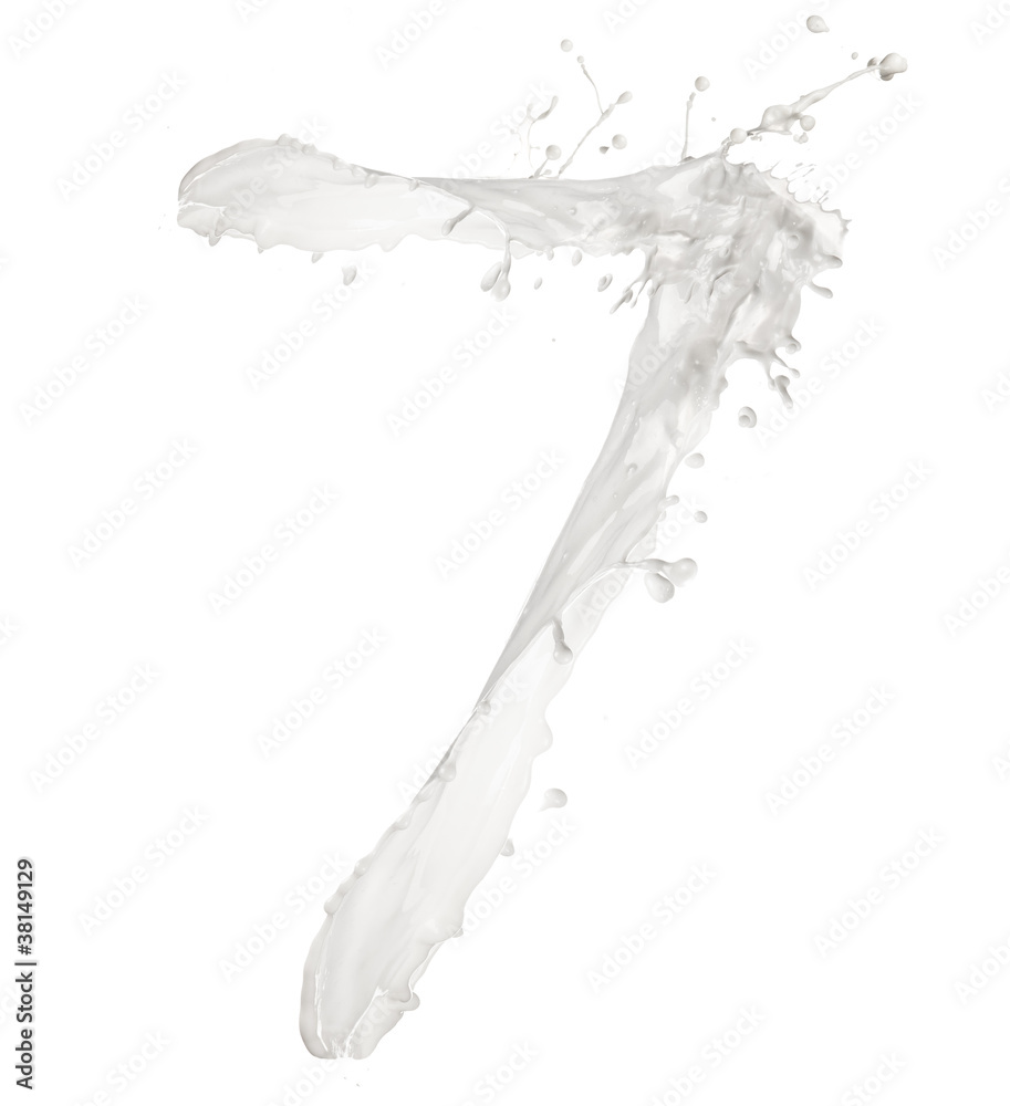 Number 7 made of milk splash, isolated on white background