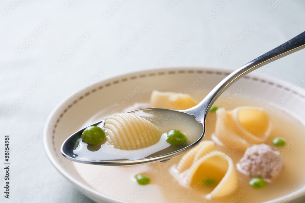 Catalan cuisine. Spoon of soup with meat of the pot Catalan cuisine. Spoon of soup with meat of the pot