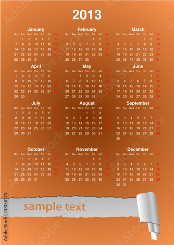 Calendario 2013 inglese con spazio per testo (vettoriale)