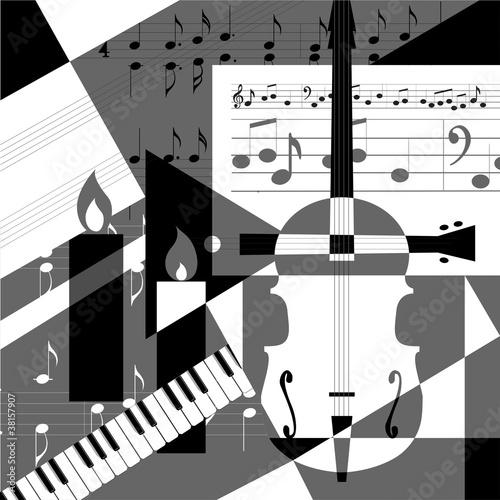 A collage of geometric shapes and musical instruments.
