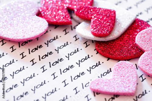 I LOVE YOU in print and glittery hearts photo