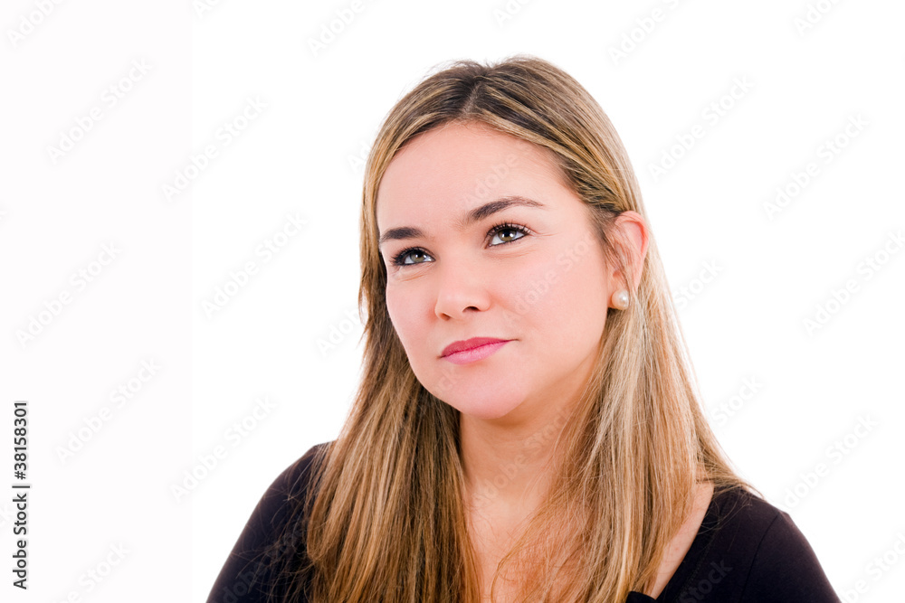 Young beautiful woman looking up on white background Young beautiful woman looking up on white background