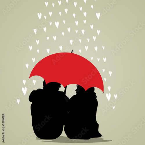 Vector illustration of a couple under umbrella on rainy backgrou