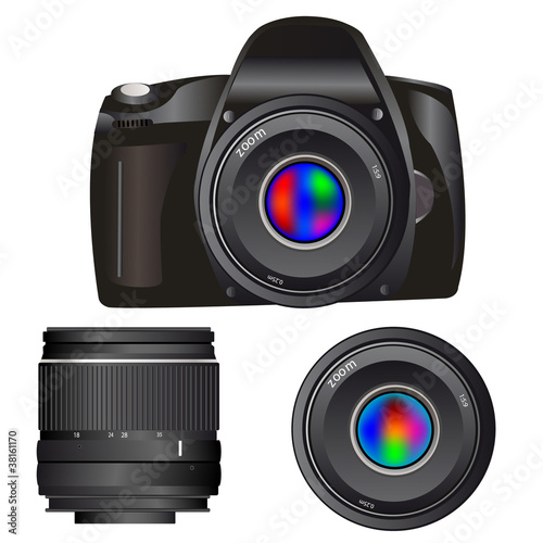 Camera and lenses on white background