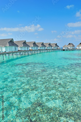 Maldives water villa and blue sea