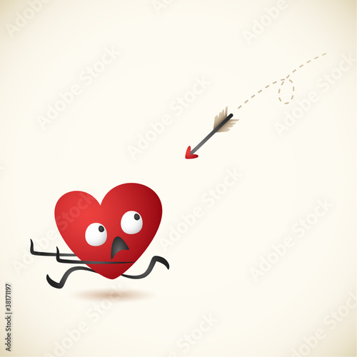 Cartoon heart, running away from arrow