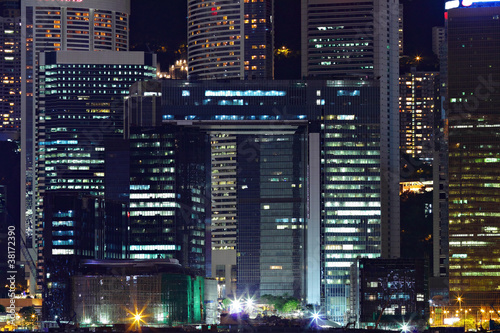 Details of business buildings at night in Hong Kong