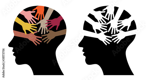 black head profiles with helping hands, vector illustrations