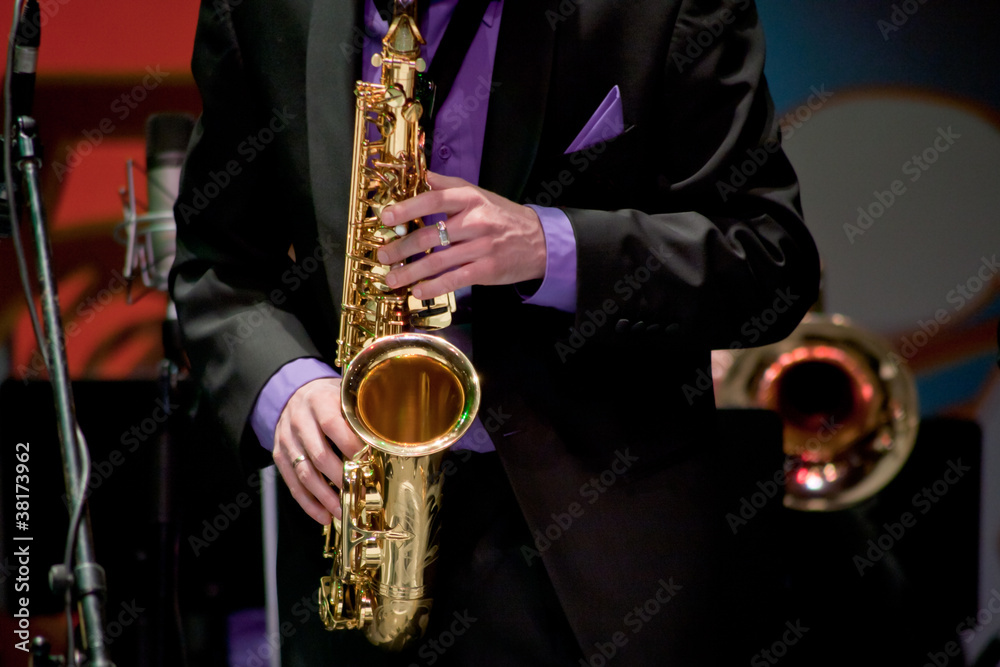 Fototapeta premium saxophonist plays on saxophone