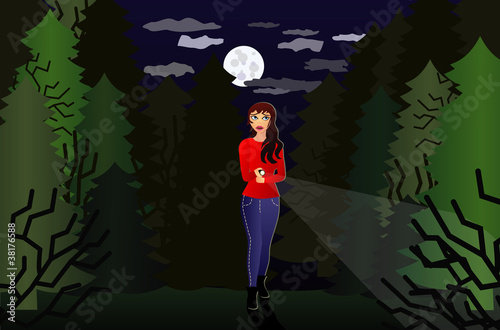 Frau alleine im Wald mit Taschenlampe
