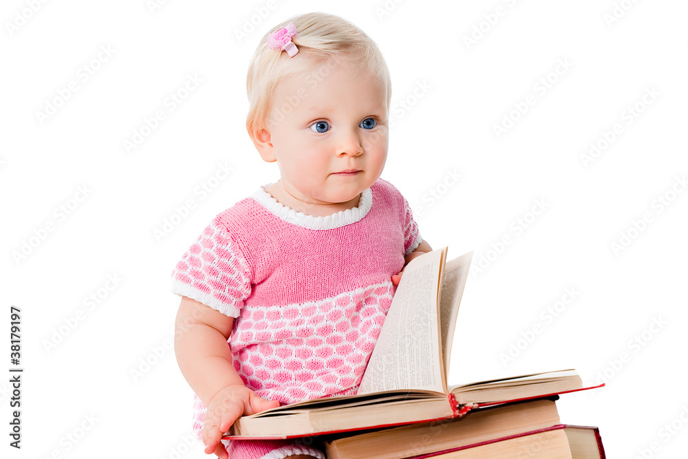 smart little girl reading a big book isolated on white smart little girl reading a big book isolated on white