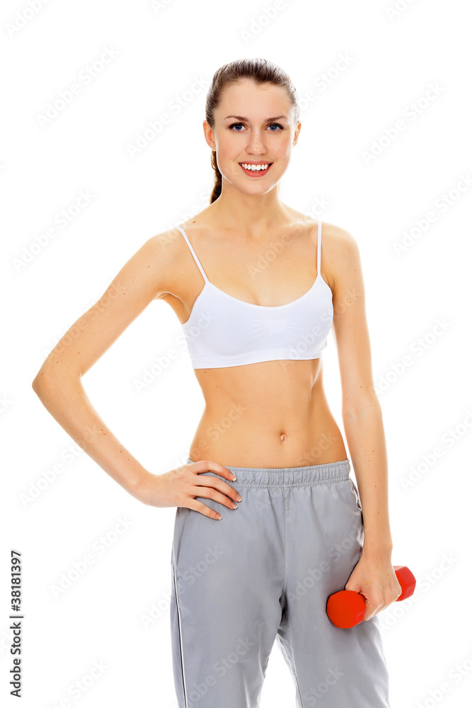 Pretty girl with red barbell posing against white background Pretty girl with red barbell posing against white background