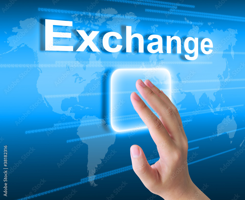 hand pushing exchange button on a touch screen interface hand pushing exchange button on a touch screen interface