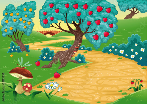 Wood with fruit trees. Cartoon and vector illustration