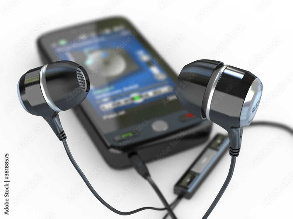 Mobile phone with headphones. 3d