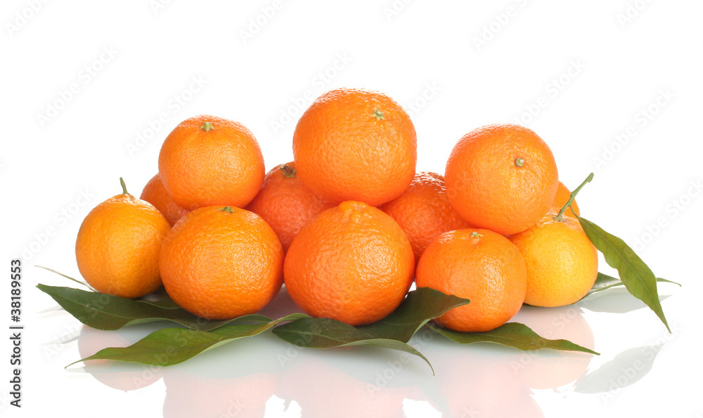 Ripe tasty tangerines with leaves isolated on white Ripe tasty tangerines with leaves isolated on white
