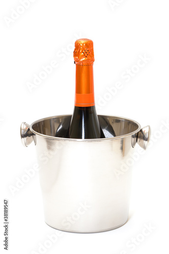 photo of Champagne and bucket on white background