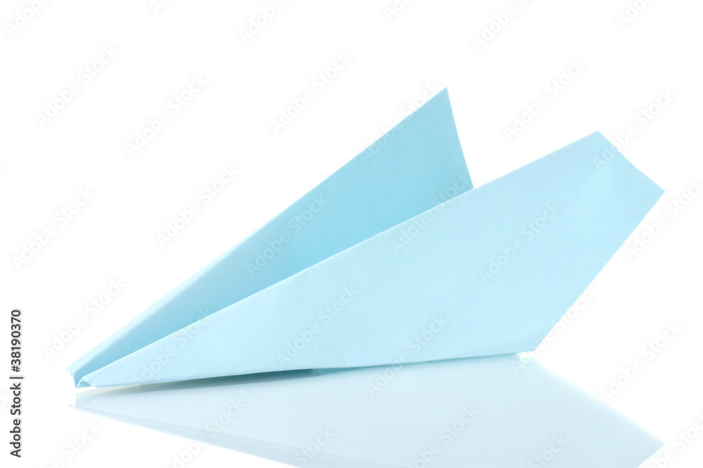 Origami airplane out of the blue paper isolated on white Origami airplane out of the blue paper isolated on white