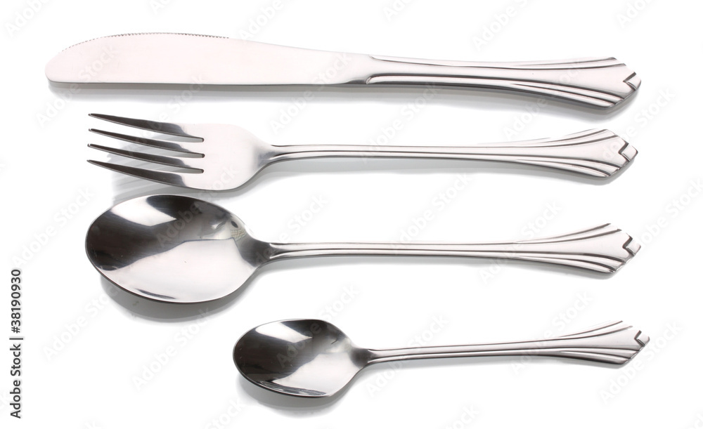 Silver fork and spoon, knife isolated on white Silver fork and spoon, knife isolated on white