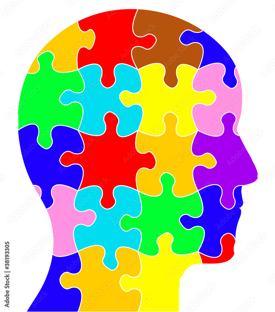 Profile of a head showing coloured jigsaw/puzzle pieces Stock Illustration  | Adobe Stock