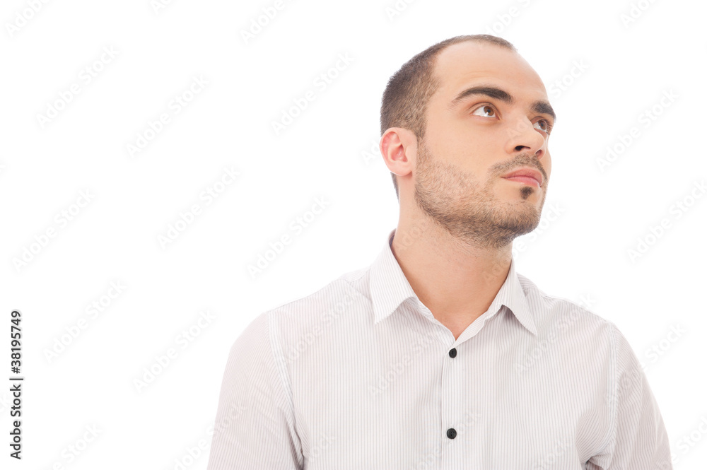 Thinking man isolated on white background. Closeup portrait of a Thinking man isolated on white background. Closeup portrait of a